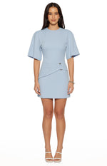 Blue crepe mini dress with silver O-ring waist detail and draped fabric