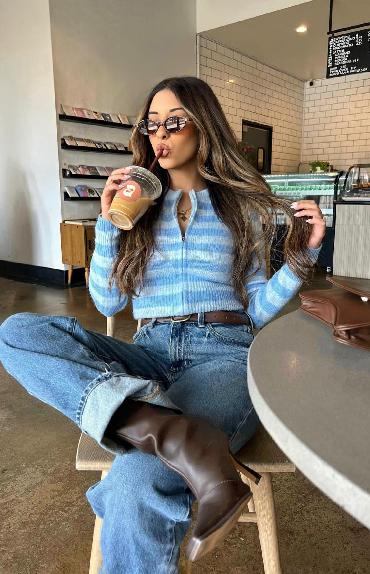 Beginning Boutique Dori Blue Zip Stripe Knit Sweater — blue and white striped ribbed knit sweater with full zip front and long sleeves