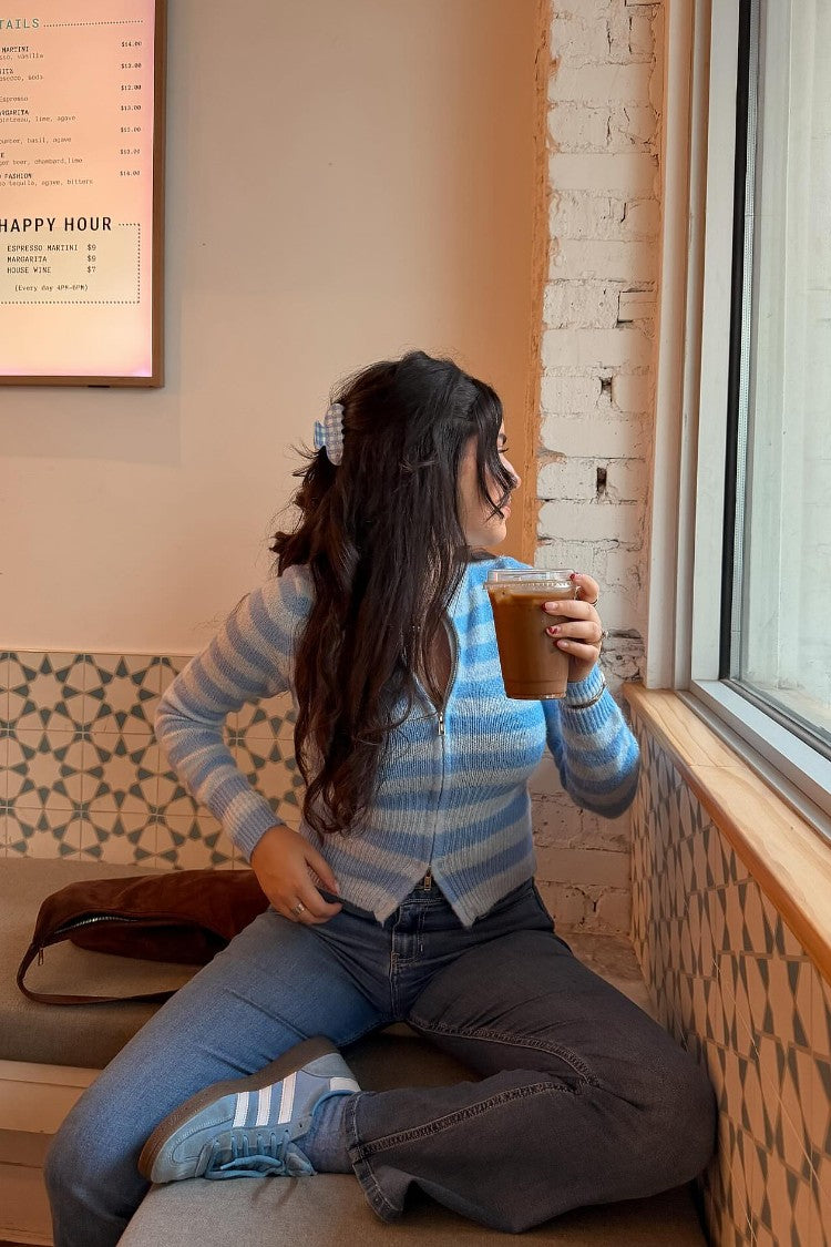 Beginning Boutique Dori Blue Zip Stripe Knit Sweater blue and white horizontal stripe knit sweater with a full zip front and