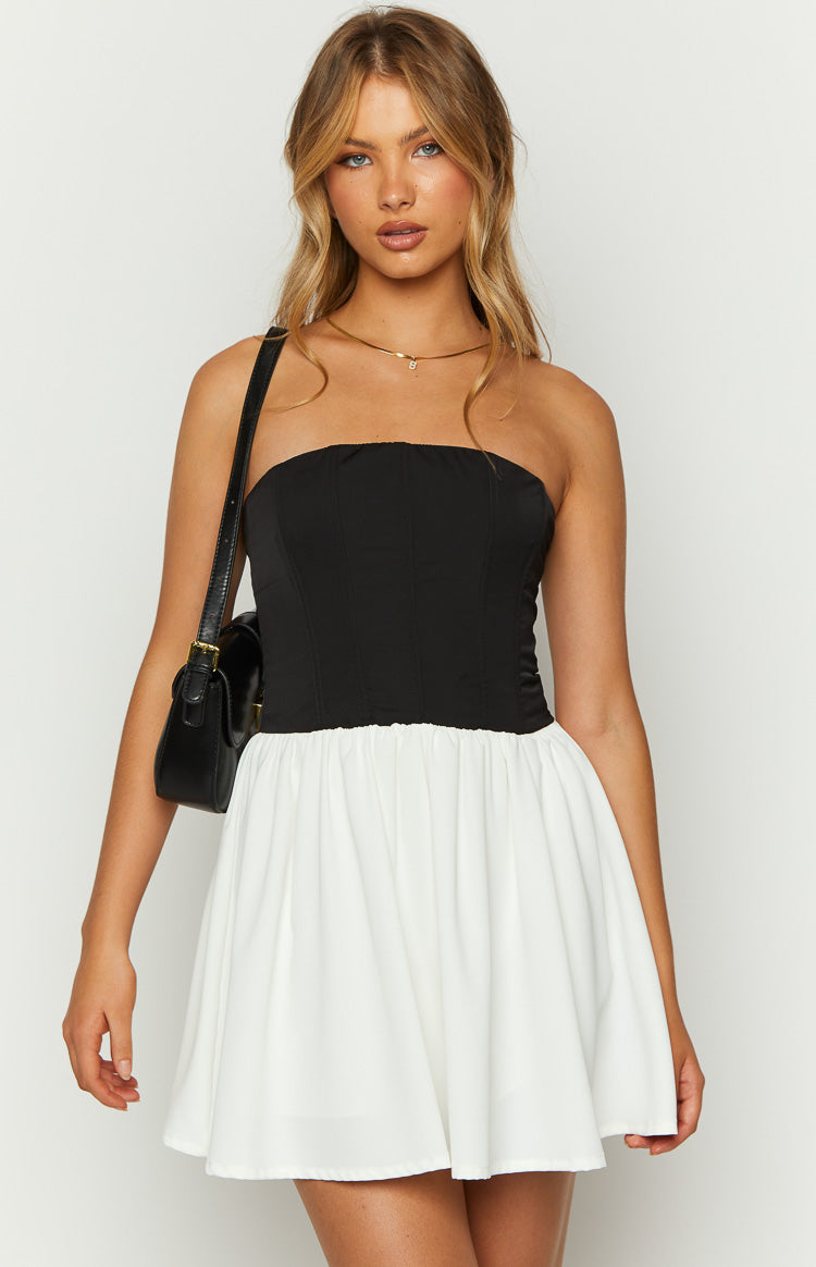 Beginning Boutique Draven Black And White Corset Mini Dress black strapless corset bodice with a gathered white mini skirt