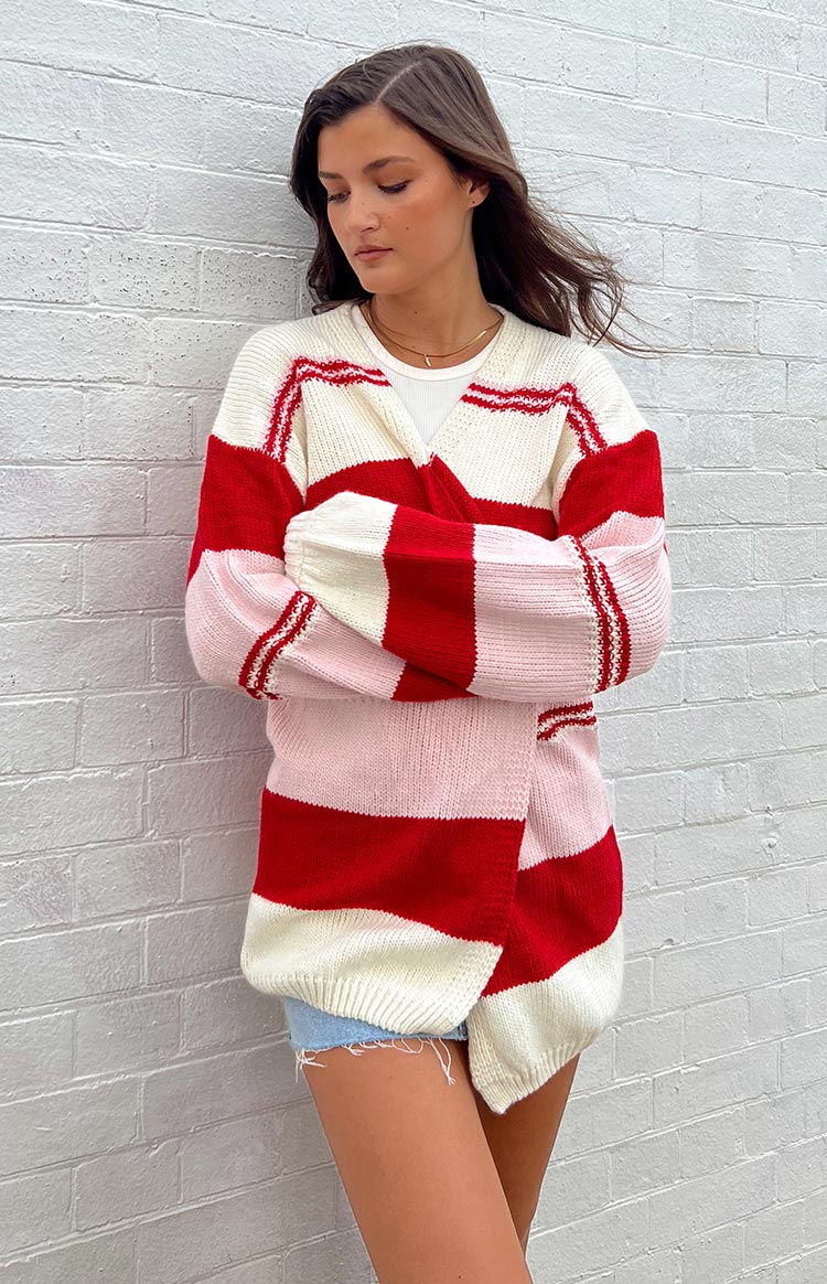 Dreamy Drift Cream Knit Striped Cardigan Image