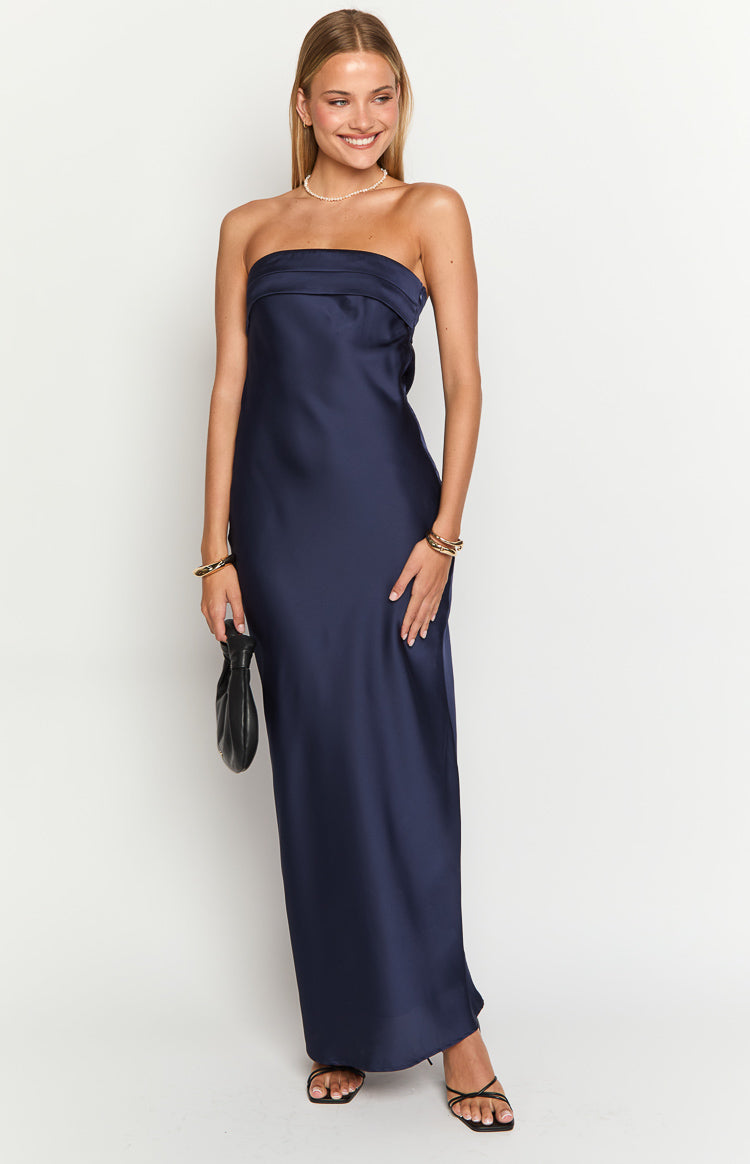 Navy strapless maxi dress with a straight neckline and subtle band detail at the bust