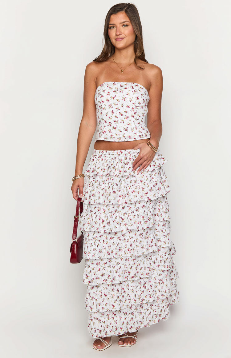 White strapless crop top with small red and green floral print
