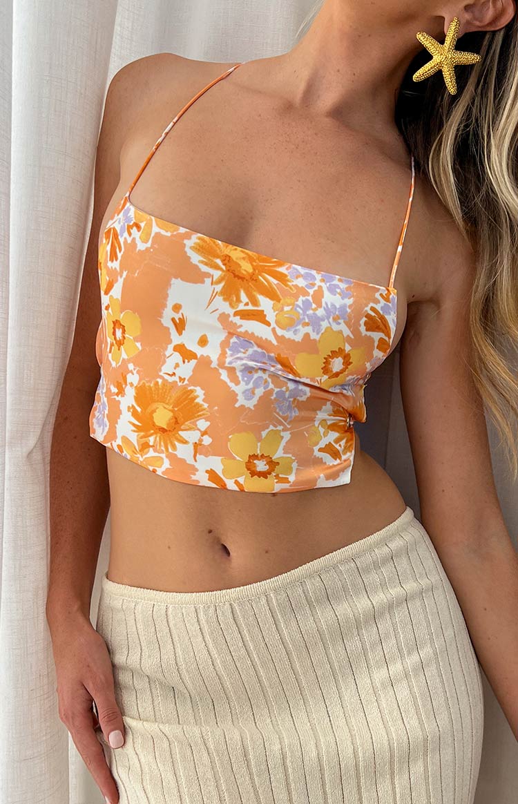 Beginning Boutique Ebony Orange Floral Crop Top orange, yellow, purple floral print crop top with thin straps and straight neckline