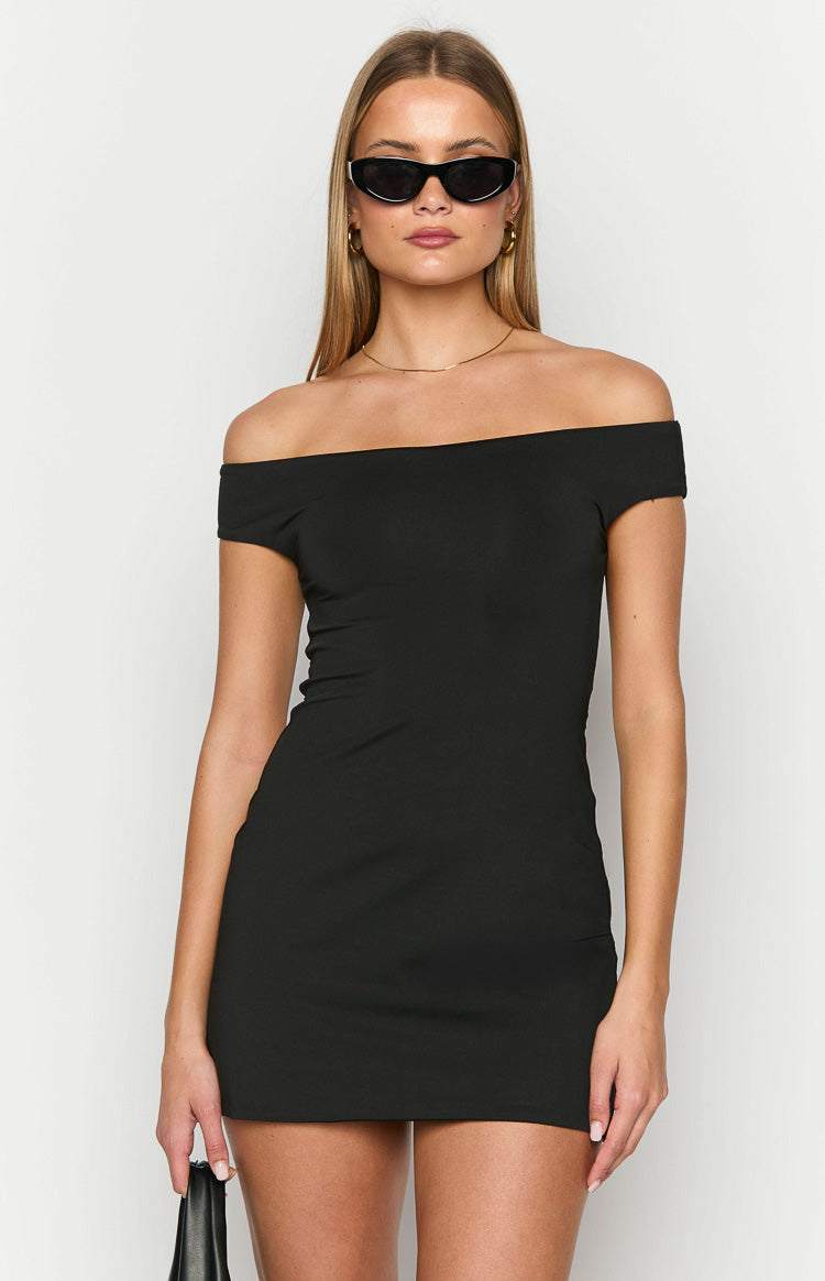 Front view of a black fitted mini dress with an off-shoulder neckline and short sleeves