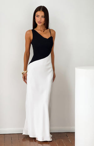 Beginning Boutique Elise Black Satin Cowl Front Formal Maxi Dress black and white colour block satin maxi with asymmetric cow