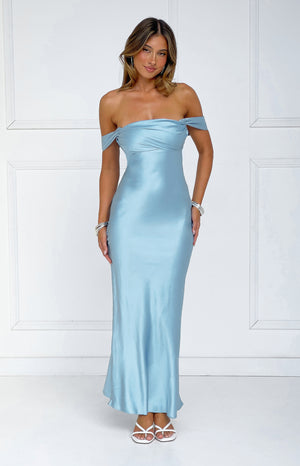 Beginning Boutique Ella Light Blue Off Shoulder Formal Dress light blue satin off-shoulder maxi dress with draped bodice