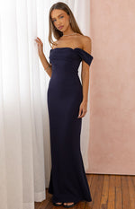 Ella Navy Off Shoulder Crepe Formal Maxi Dress Image