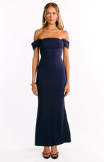 Ella Navy Off Shoulder Crepe Formal Maxi Dress Image