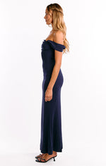 Ella Navy Off Shoulder Crepe Formal Maxi Dress Image