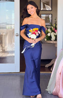 Beginning Boutique Ella Navy Off Shoulder Formal Maxi Dress navy satin off-shoulder draped neckline fitted maxi dress