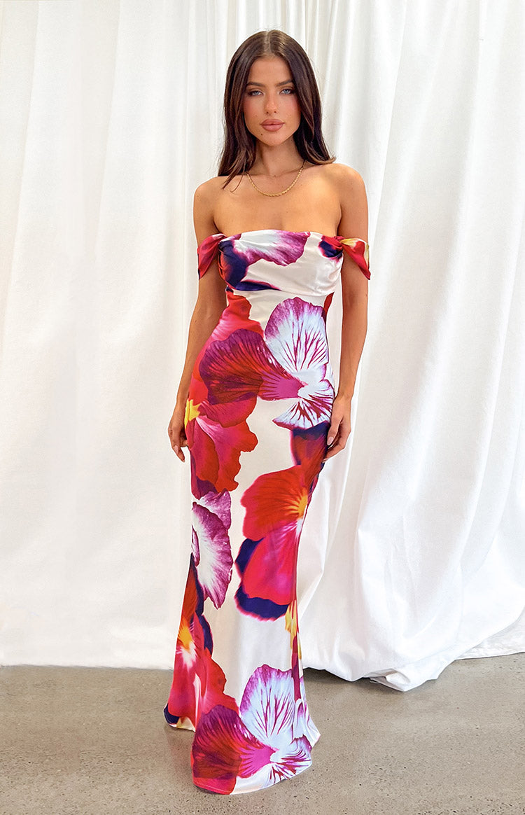 Beginning Boutique Ella Pink Floral Print Off Shoulder Formal Dress white floral print off-shoulder maxi dress with ruched bust