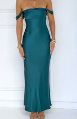 Teal off-shoulder maxi dress with a draped neckline and a smooth, flowing skirt
