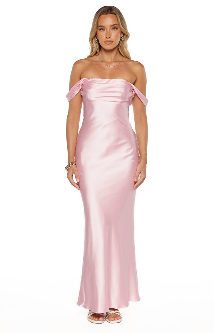 Light pink satin off-shoulder maxi dress with a ruched bodice