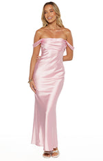Light pink satin off-shoulder maxi dress with a draped bandeau neckline and a fitted silhouette