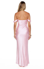 Rear view of a light pink satin off-shoulder maxi dress with a straight back and a fitted, flowing silhouette