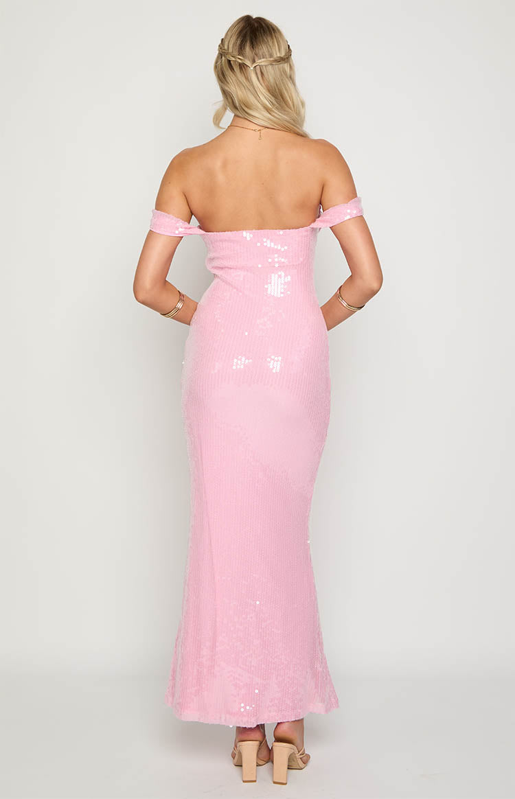Back view of a pink sequin off-shoulder maxi dress with a straight back and fitted silhouette