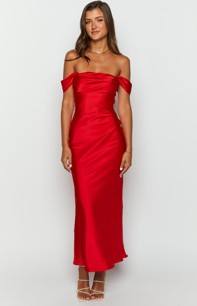 Shop Formal Dress - Ella Red Off Shoulder Formal Dress third image