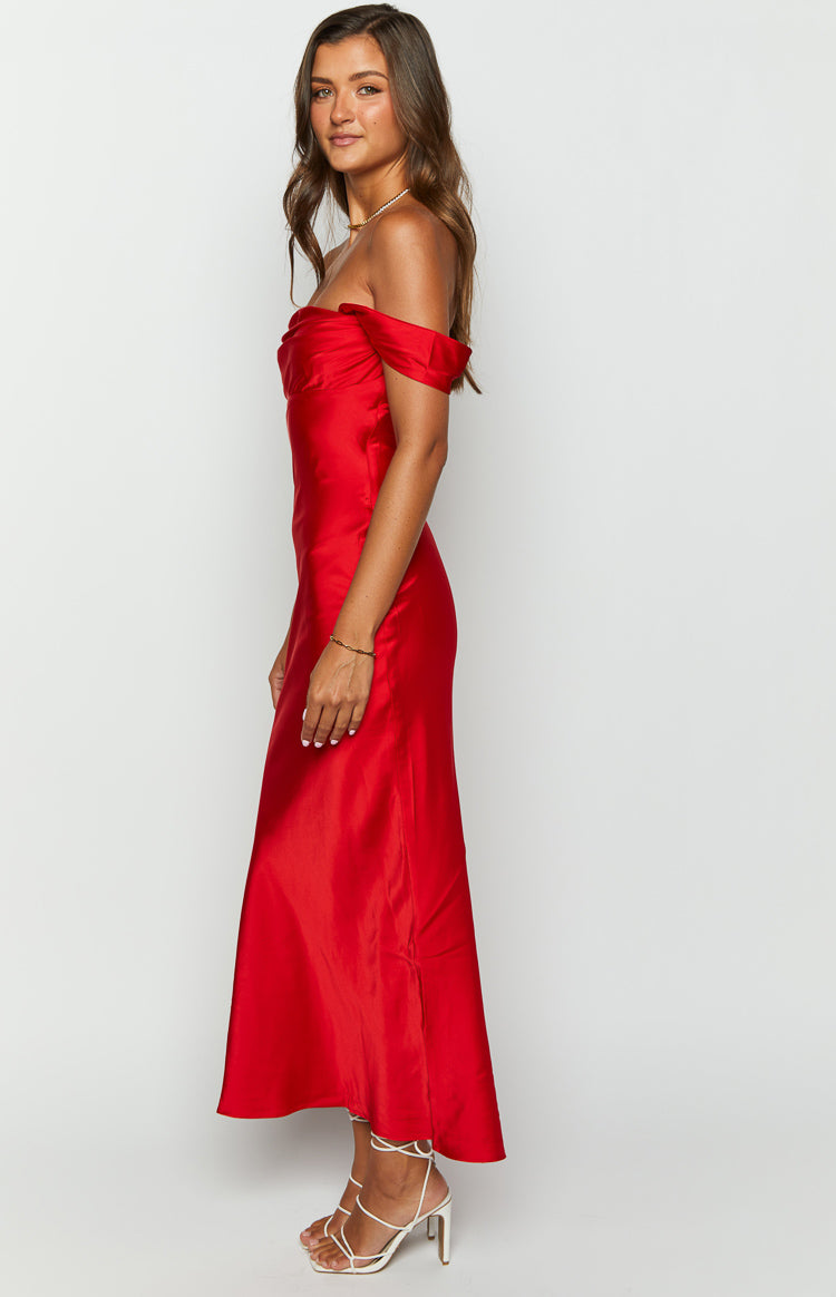 Shop Formal Dress - Ella Red Off Shoulder Formal Dress fourth image