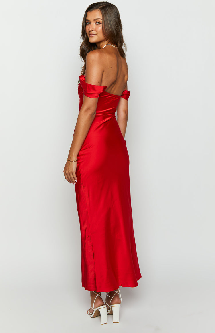 Shop Formal Dress - Ella Red Off Shoulder Formal Dress fifth image
