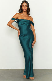 Full length view of the teal satin off-shoulder maxi dress with a draped bust