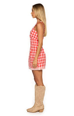 Elliana Red Gingham Lace Trim Mini Dress Image