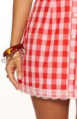 Elliana Red Gingham Lace Trim Mini Dress Image