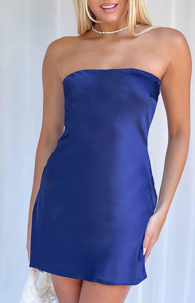 Navy strapless mini dress with a smooth satin fabric and fitted silhouette