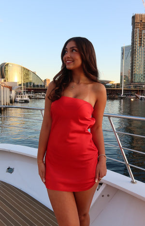 Beginning Boutique Ellie Red Strapless Mini Dress red satin strapless bodycon mini dress