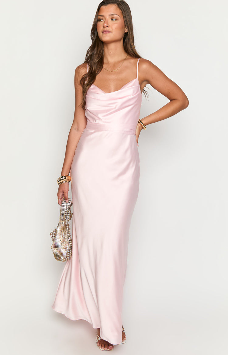 Front view of a light pink satin maxi dress with a draped cowl neckline and thin spaghetti straps
