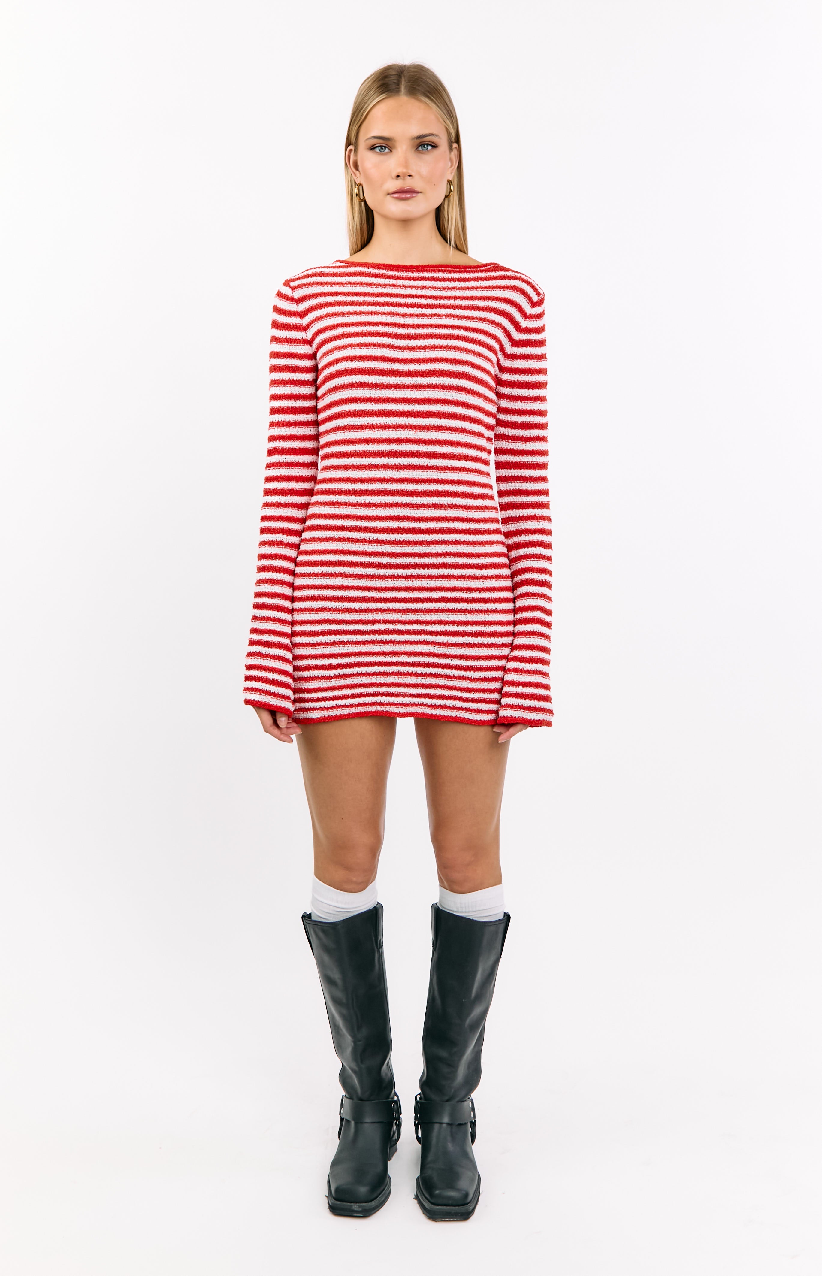 Red and white striped textured knit long sleeve mini dress with a boat neck and relaxed fit