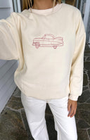 Beginning Boutique Elodie Cream Crew Neck Sweater cream oversized crew neck sweater with pink vintage car graphic