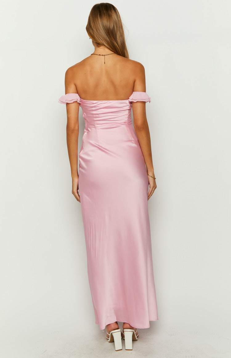 Shop Formal Dress - Elvira Pink Satin Formal Maxi Dress fifth image