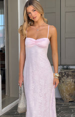 Pink maxi dress with ruched satin bust and floral lace overlay on the fitted bodice