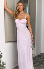 Pink lace maxi dress with a ruched satin sweetheart bust and thin spaghetti straps