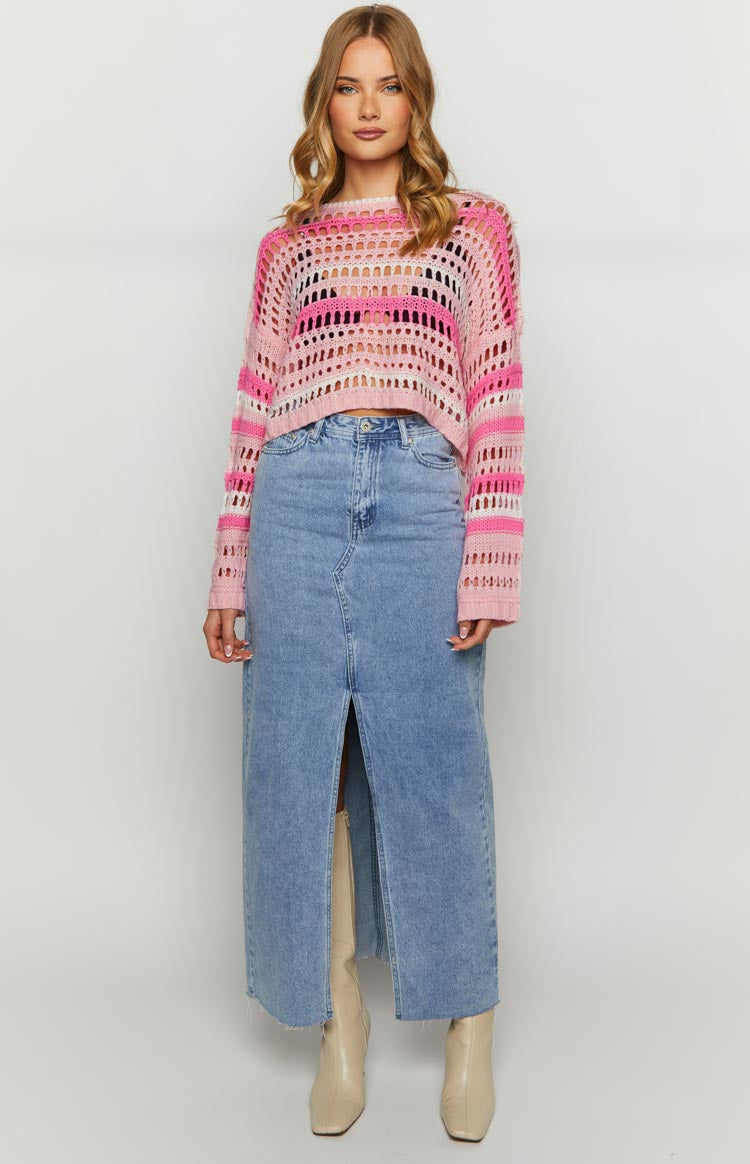 Multi pink open knit cropped jumper with horizontal stripes and long sleeves