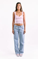 Pink cropped top with wide shoulder straps and a ruched sweetheart neckline