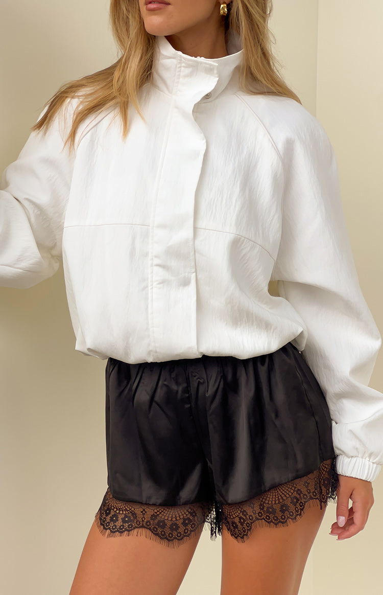 Beginning Boutique Enya Cream Funnel Neck Sports Jacket cream crinkled funnel neck jacket with long sleeves elasticated cuffs and hem