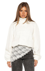 Cream funnel neck sports jacket with textured fabric, front placket detail, and elasticated cuffs