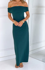 Teal crepe off the shoulder maxi dress featuring a folded neckline and ruched short sleeves
