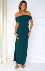 Full length front view of a teal crepe off the shoulder maxi dress with a ruched folded neckline and side tie