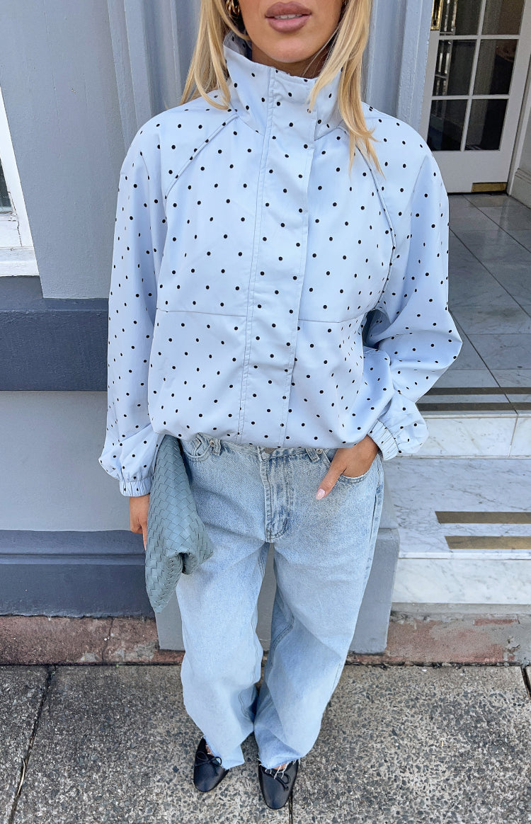 Beginning Boutique Erin Blue Polka Dot Funnel Neck Sports Jacket light blue polka dot funnel neck sports jacket with long ela
