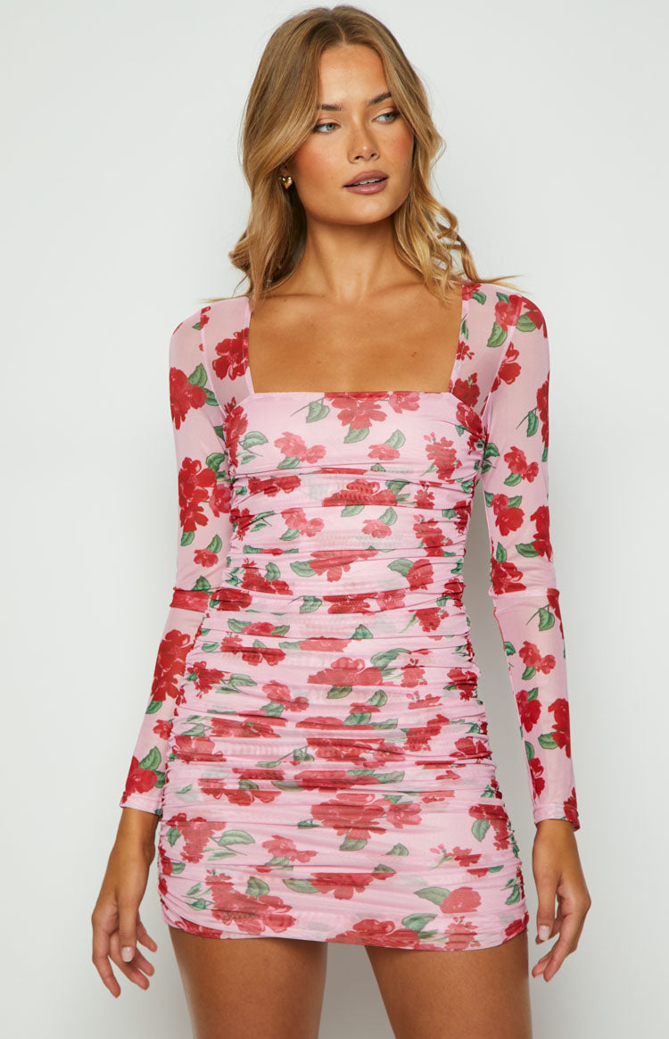 Estee Pink Print Long Sleeve Mesh Mini Party Dress BB Exclusive