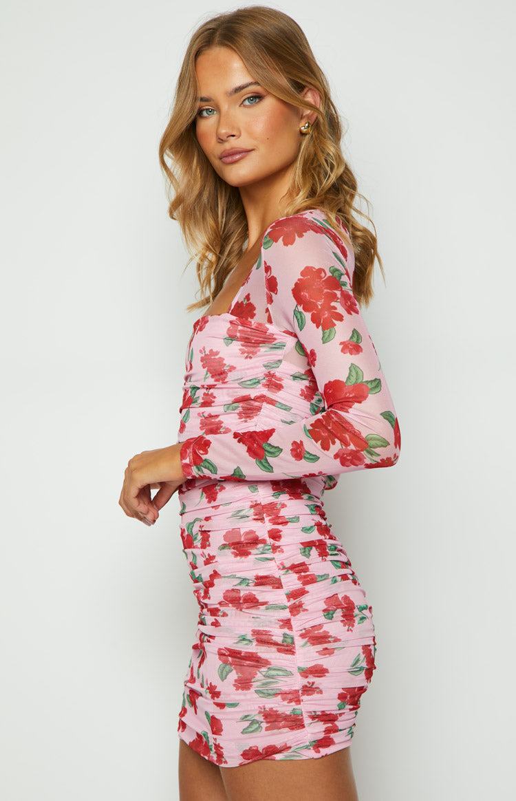 Estee Pink Print Long Sleeve Mesh Mini Party Dress Image