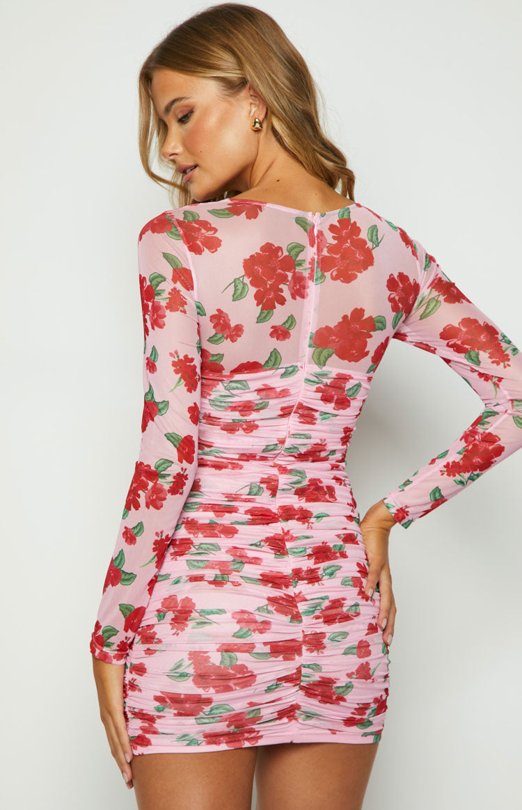 Estee Pink Print Long Sleeve Mesh Mini Party Dress Image