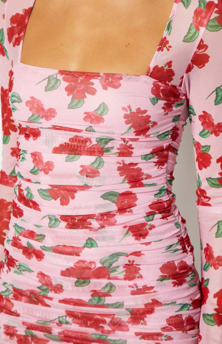 Estee Pink Print Long Sleeve Mesh Mini Party Dress Image