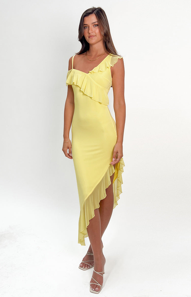 Beginning Boutique Everleene Yellow Ruffle Mesh Midi Dress yellow mesh midi dress with one shoulder strap, ruffled neckline and asymmetric hem