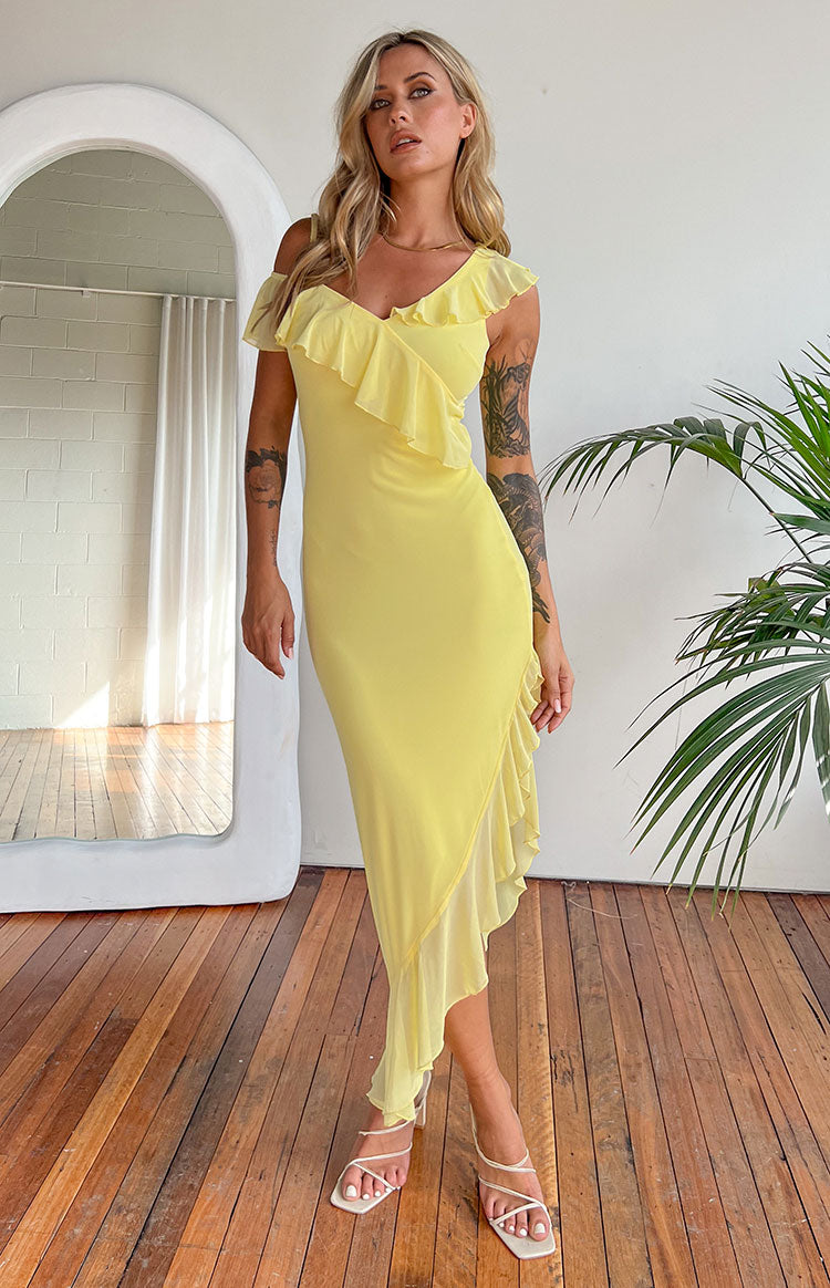 Iconic Yellow Ruffle Dress Everleene Yellow Ruffle Mesh Midi Dress – Beginning Boutique