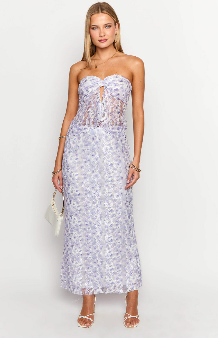 Faint purple floral lace maxi skirt with a sheer overlay and straight silhouette
