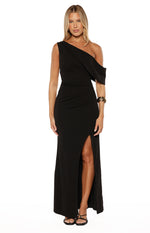 Black crepe one-shoulder maxi dress with draped neckline and high thigh split